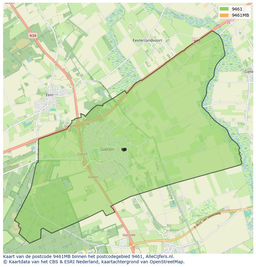 Afbeelding van het postcodegebied 9461 MB op de kaart.