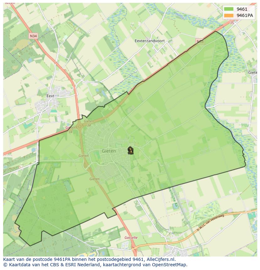 Afbeelding van het postcodegebied 9461 PA op de kaart.