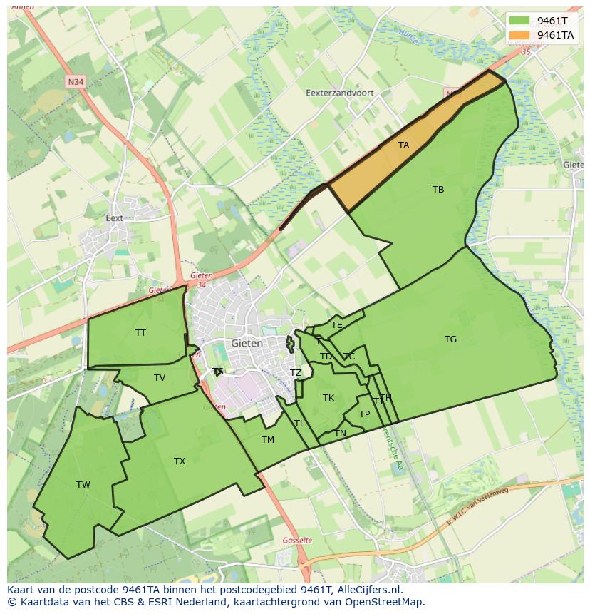 Afbeelding van het postcodegebied 9461 TA op de kaart.