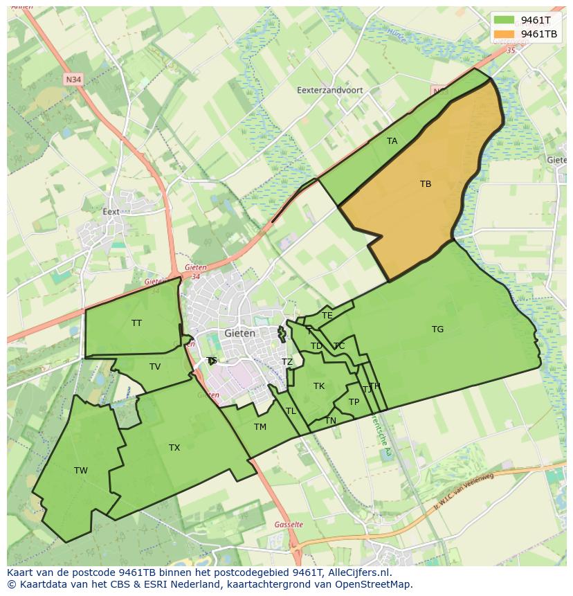 Afbeelding van het postcodegebied 9461 TB op de kaart.