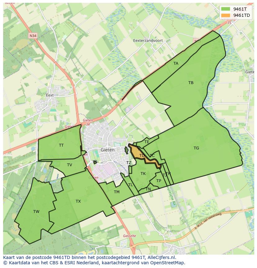 Afbeelding van het postcodegebied 9461 TD op de kaart.
