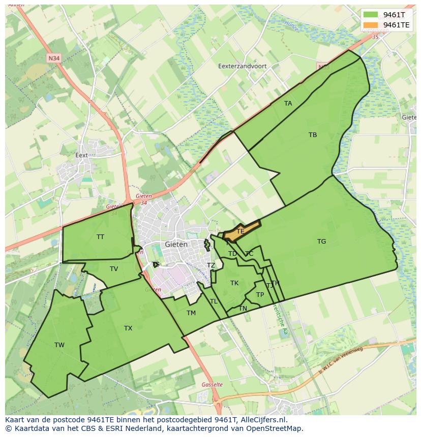 Afbeelding van het postcodegebied 9461 TE op de kaart.