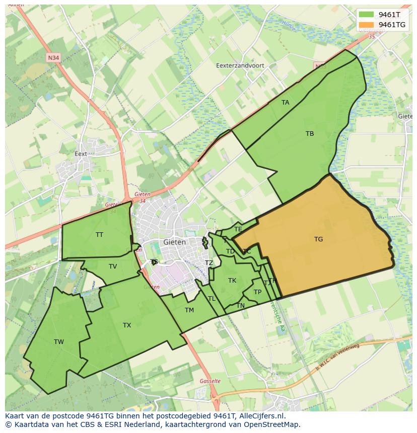 Afbeelding van het postcodegebied 9461 TG op de kaart.