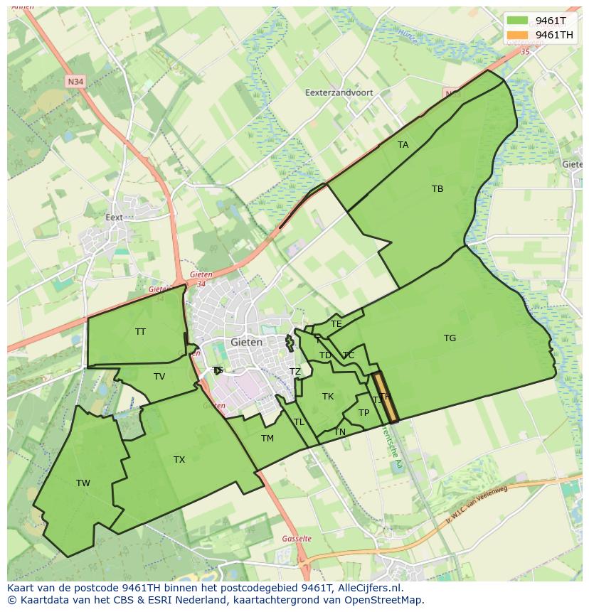 Afbeelding van het postcodegebied 9461 TH op de kaart.