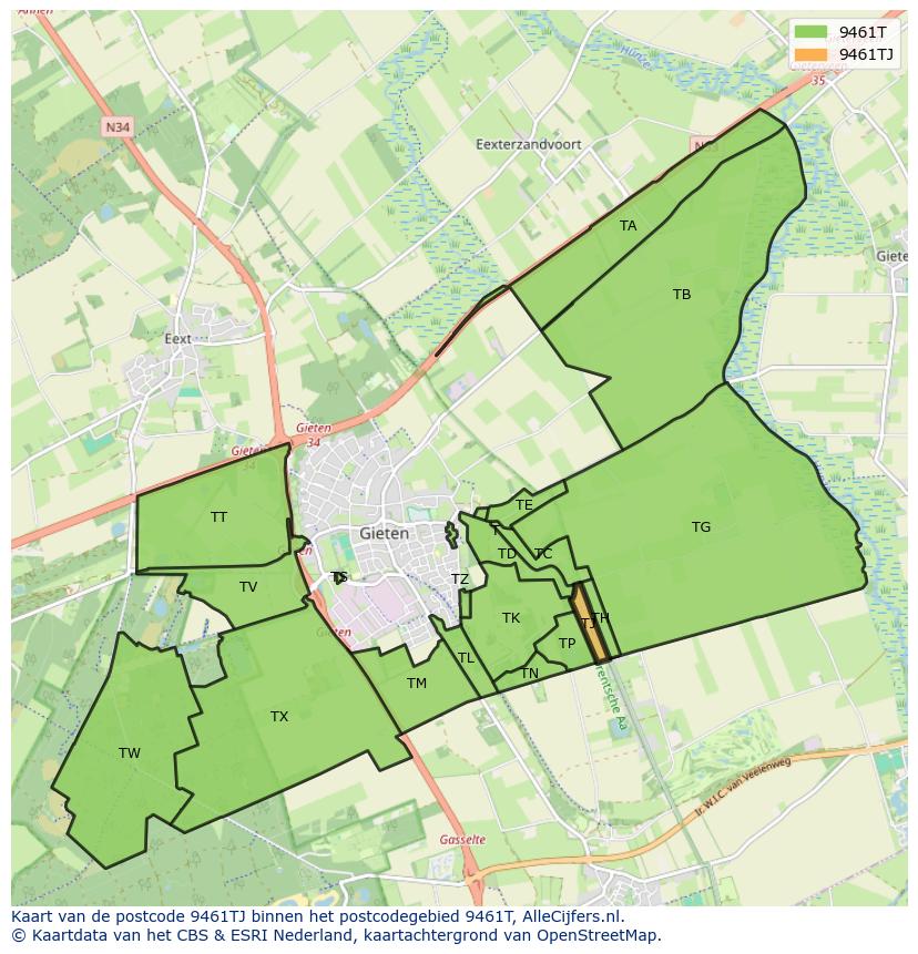 Afbeelding van het postcodegebied 9461 TJ op de kaart.