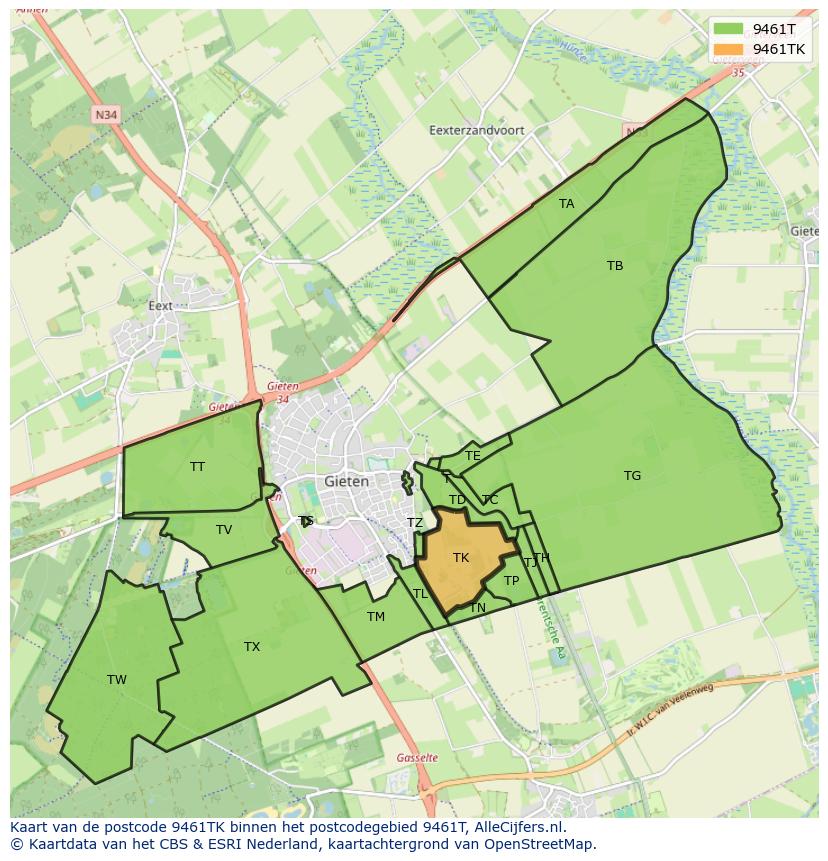 Afbeelding van het postcodegebied 9461 TK op de kaart.