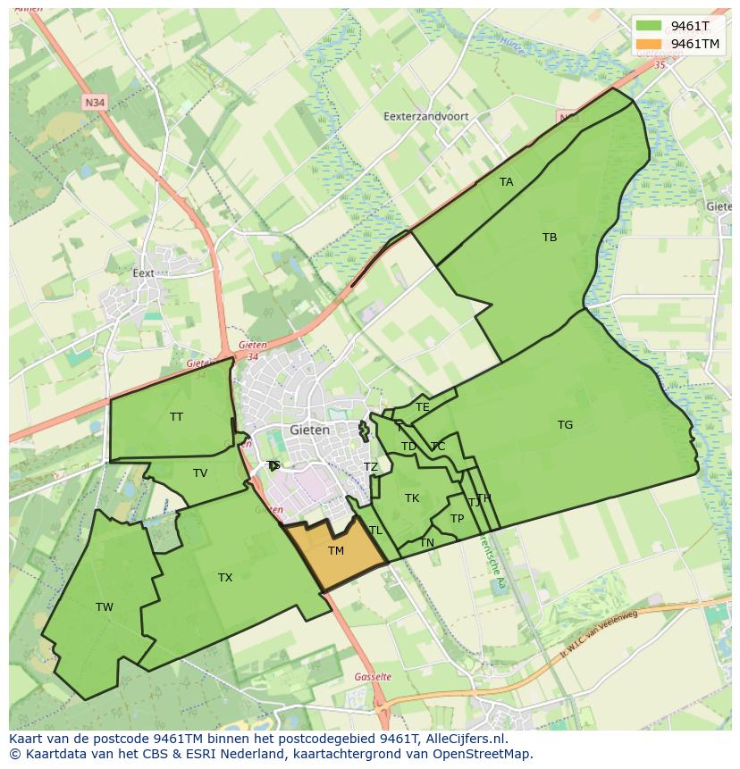 Afbeelding van het postcodegebied 9461 TM op de kaart.