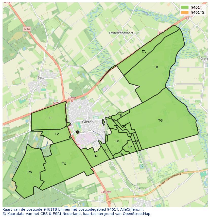 Afbeelding van het postcodegebied 9461 TS op de kaart.