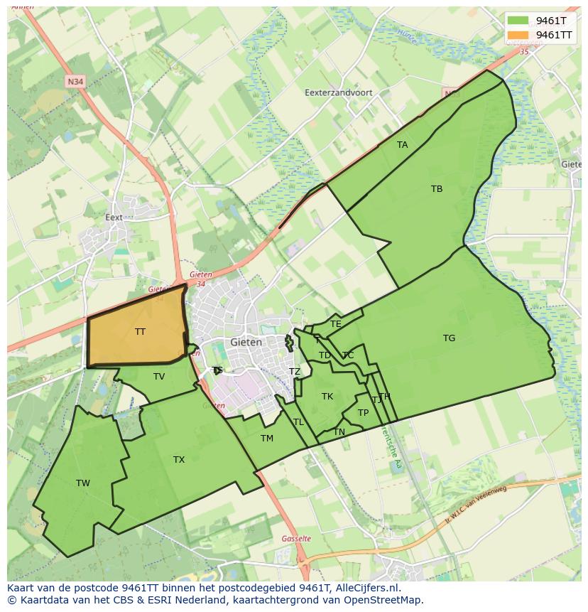 Afbeelding van het postcodegebied 9461 TT op de kaart.