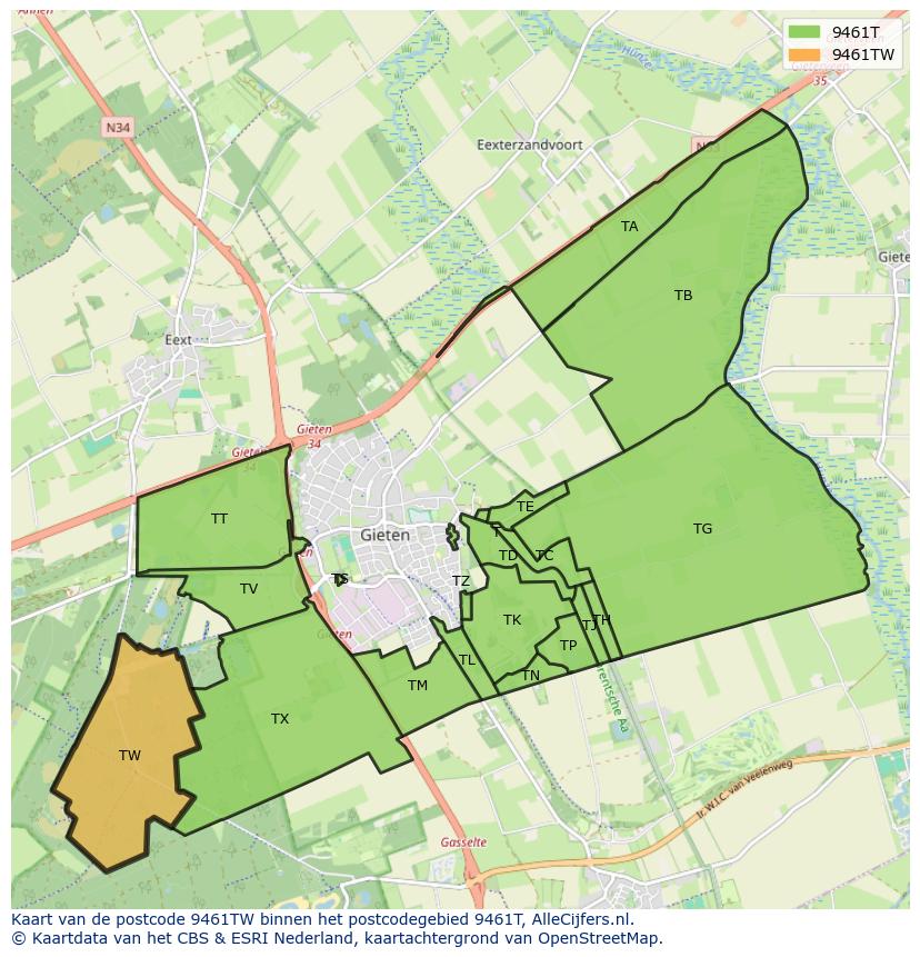 Afbeelding van het postcodegebied 9461 TW op de kaart.