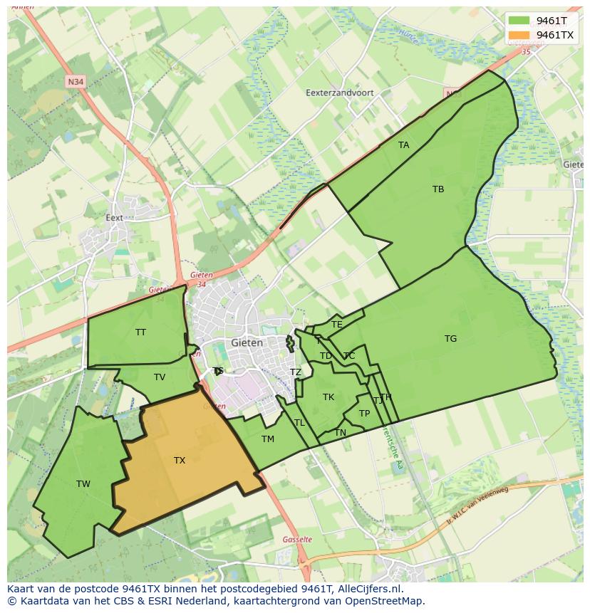 Afbeelding van het postcodegebied 9461 TX op de kaart.