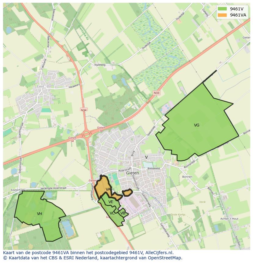 Afbeelding van het postcodegebied 9461 VA op de kaart.