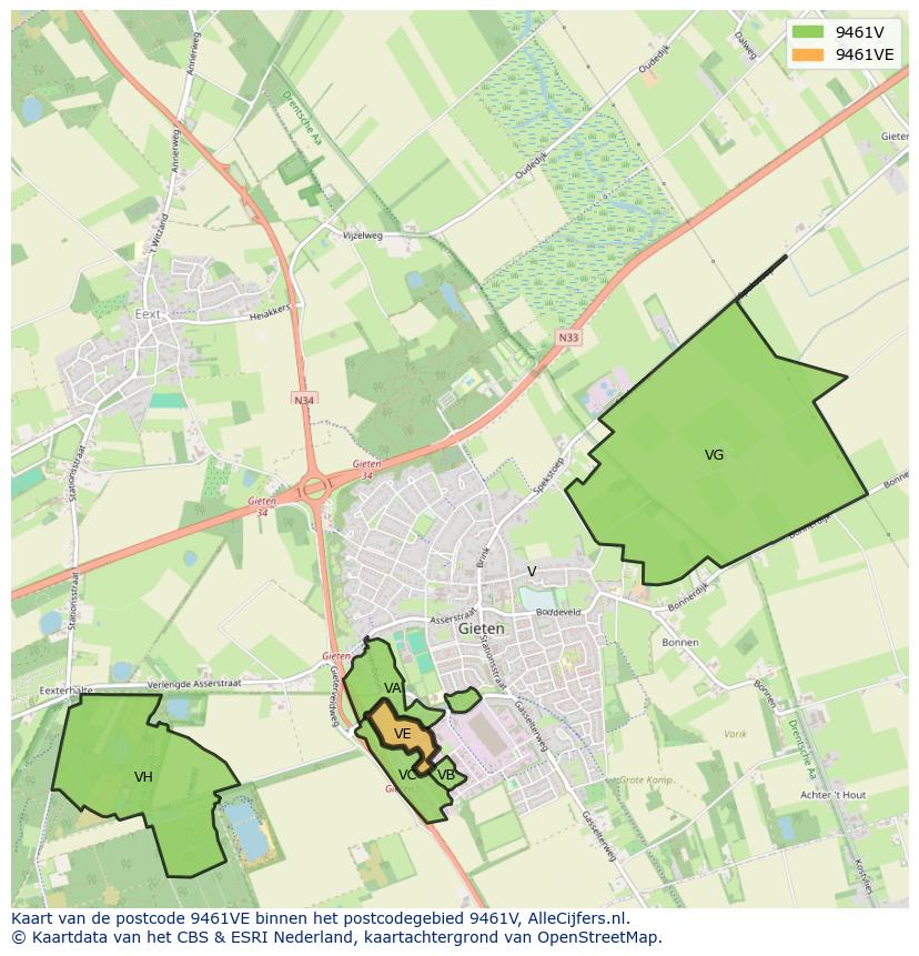 Afbeelding van het postcodegebied 9461 VE op de kaart.