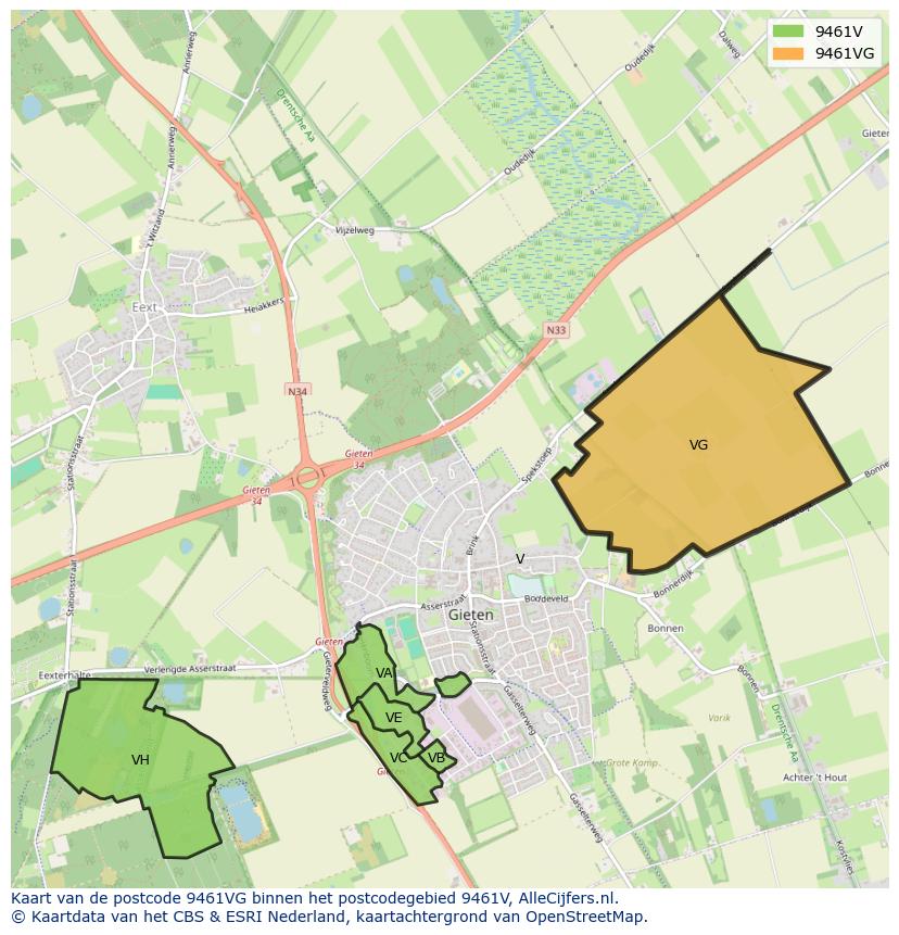 Afbeelding van het postcodegebied 9461 VG op de kaart.