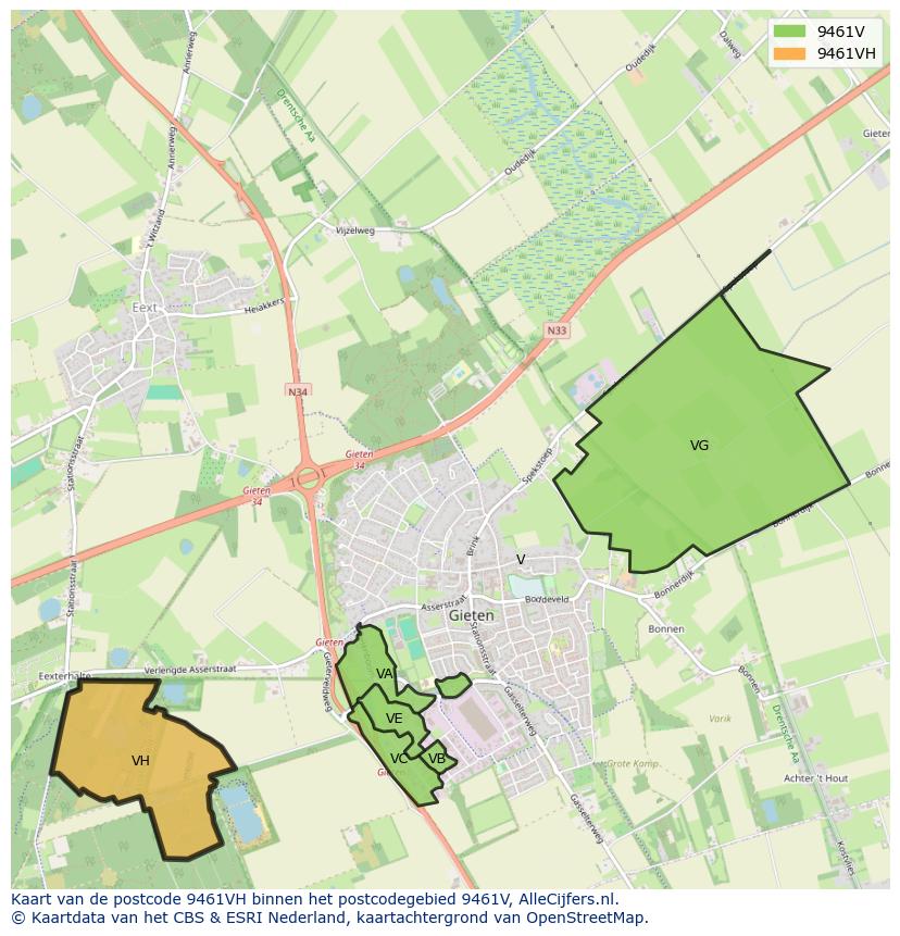 Afbeelding van het postcodegebied 9461 VH op de kaart.