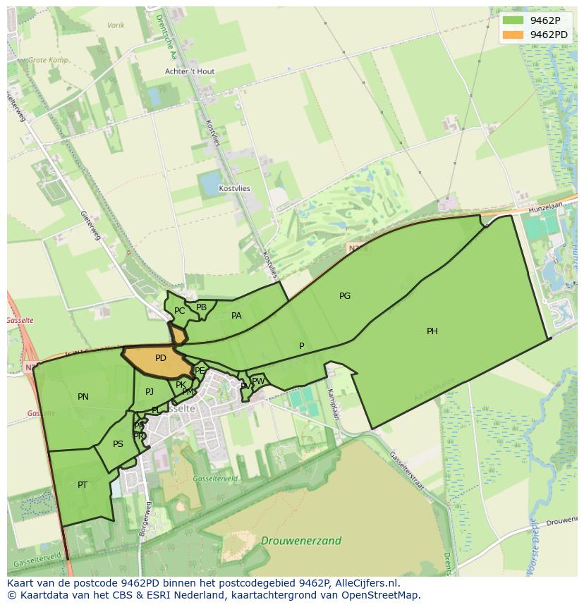 Afbeelding van het postcodegebied 9462 PD op de kaart.