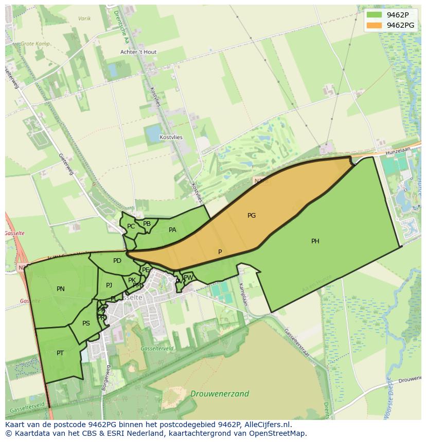 Afbeelding van het postcodegebied 9462 PG op de kaart.