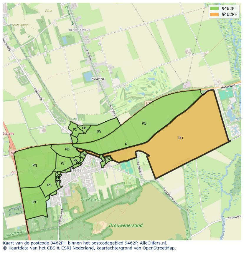Afbeelding van het postcodegebied 9462 PH op de kaart.