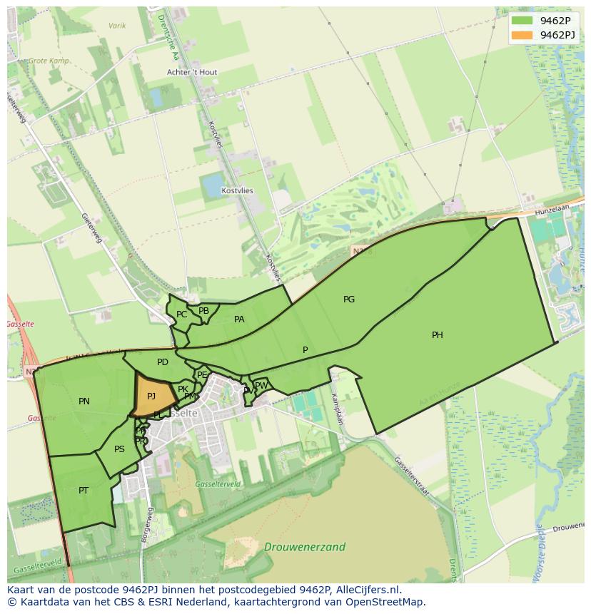 Afbeelding van het postcodegebied 9462 PJ op de kaart.