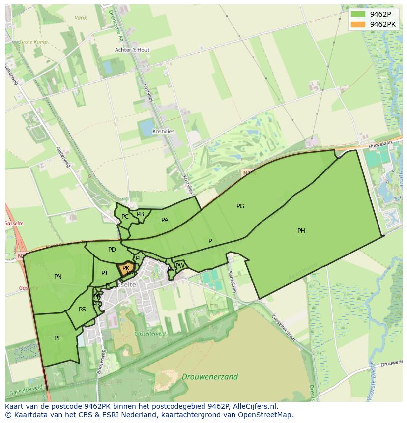 Afbeelding van het postcodegebied 9462 PK op de kaart.