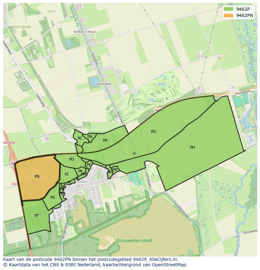 Afbeelding van het postcodegebied 9462 PN op de kaart.