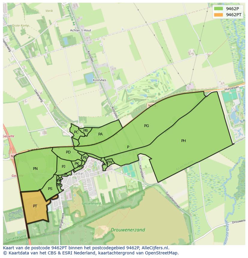 Afbeelding van het postcodegebied 9462 PT op de kaart.