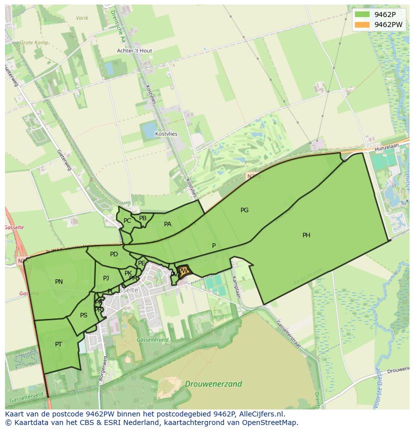 Afbeelding van het postcodegebied 9462 PW op de kaart.