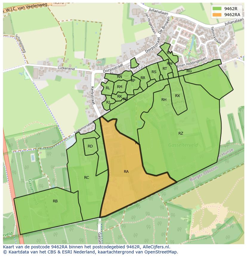 Afbeelding van het postcodegebied 9462 RA op de kaart.