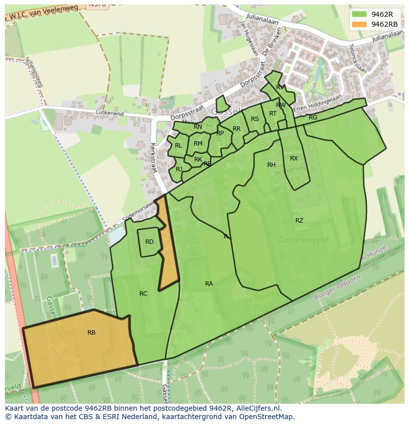 Afbeelding van het postcodegebied 9462 RB op de kaart.