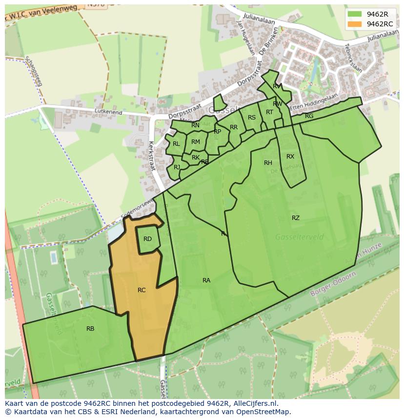 Afbeelding van het postcodegebied 9462 RC op de kaart.