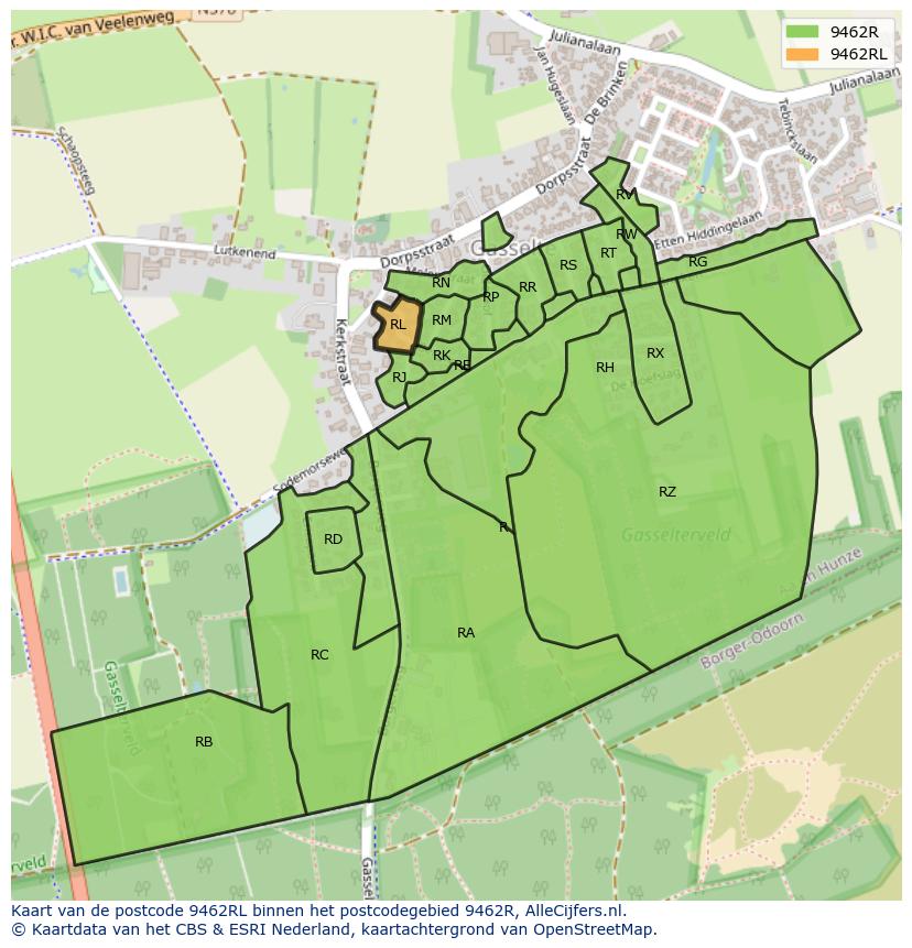 Afbeelding van het postcodegebied 9462 RL op de kaart.