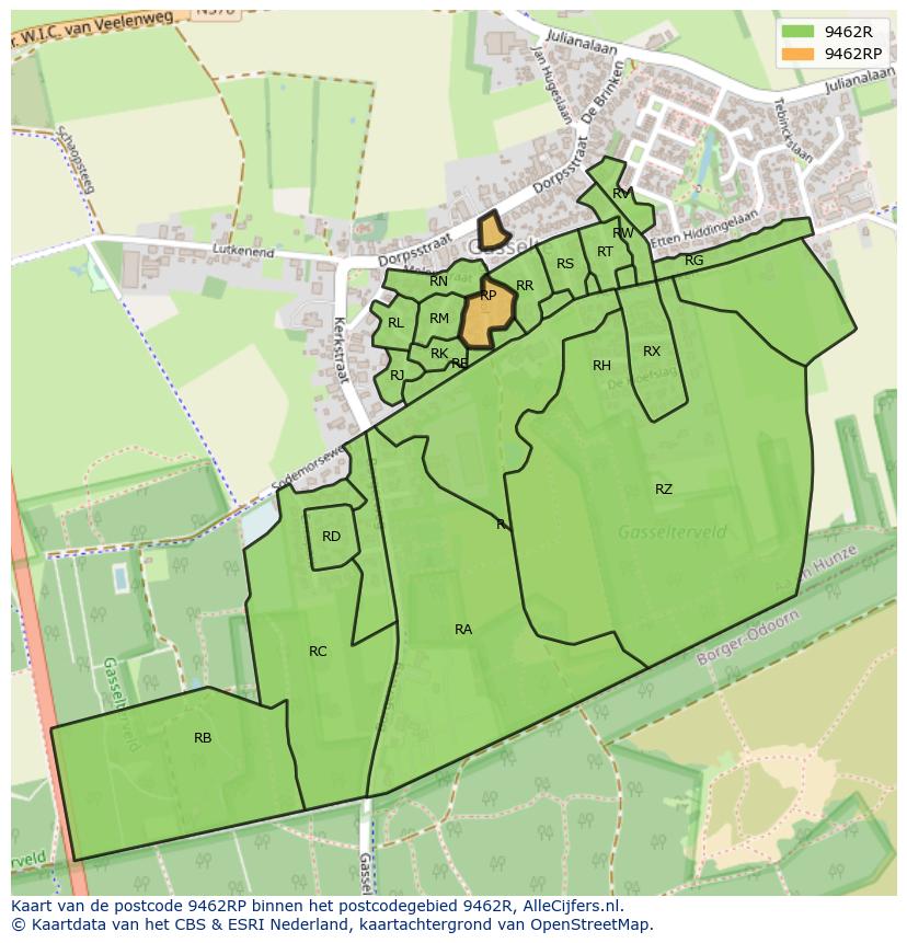 Afbeelding van het postcodegebied 9462 RP op de kaart.