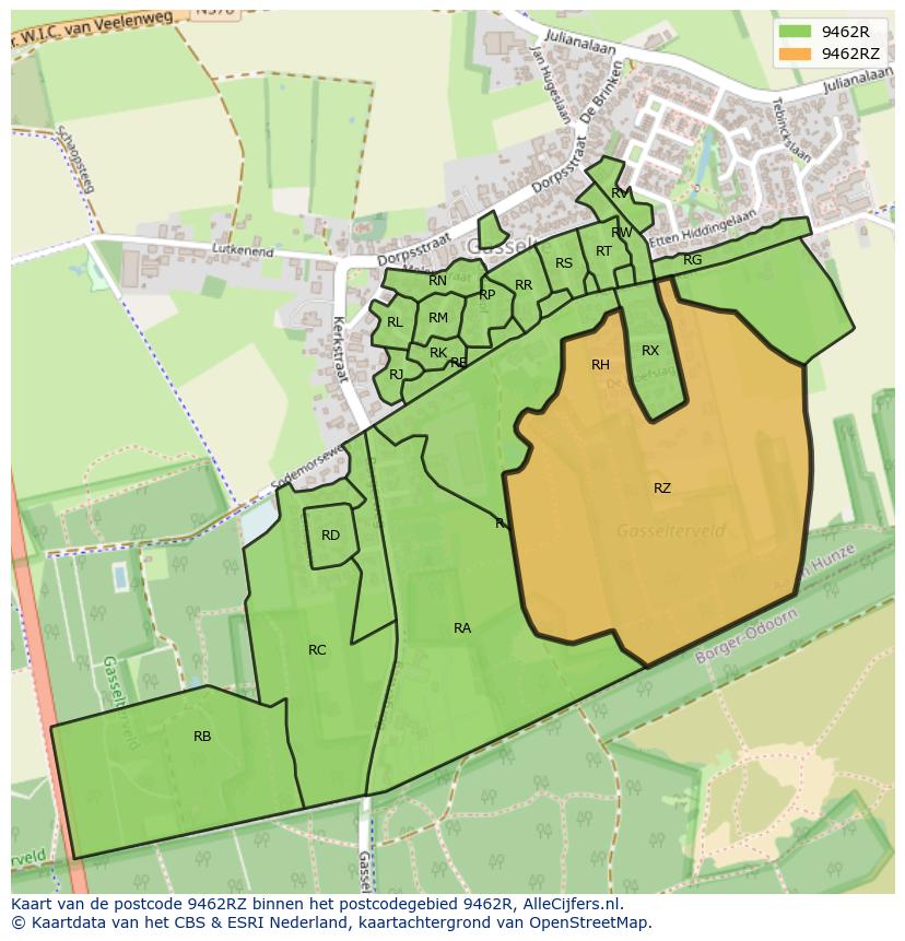 Afbeelding van het postcodegebied 9462 RZ op de kaart.