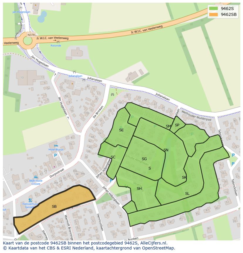 Afbeelding van het postcodegebied 9462 SB op de kaart.
