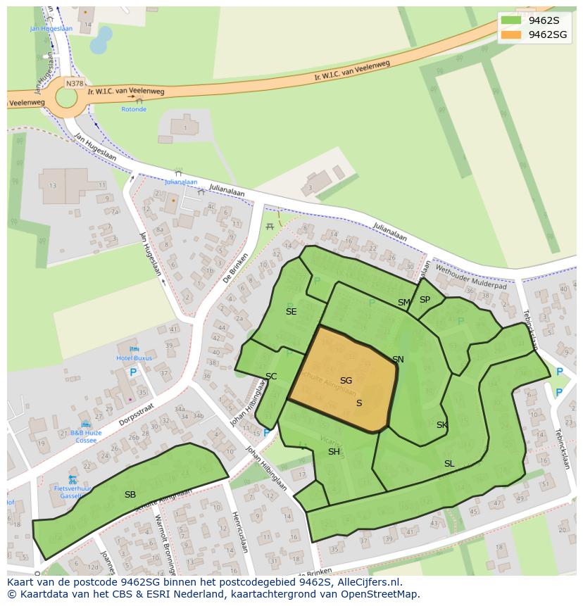 Afbeelding van het postcodegebied 9462 SG op de kaart.