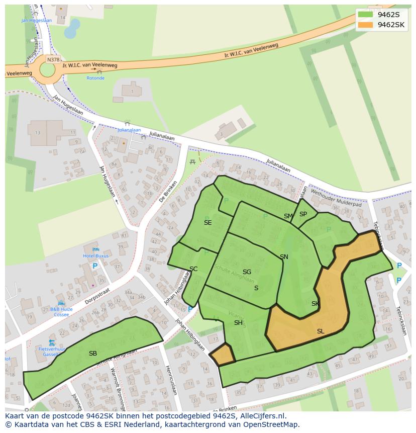 Afbeelding van het postcodegebied 9462 SK op de kaart.
