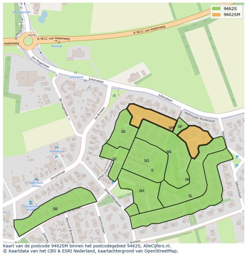 Afbeelding van het postcodegebied 9462 SM op de kaart.