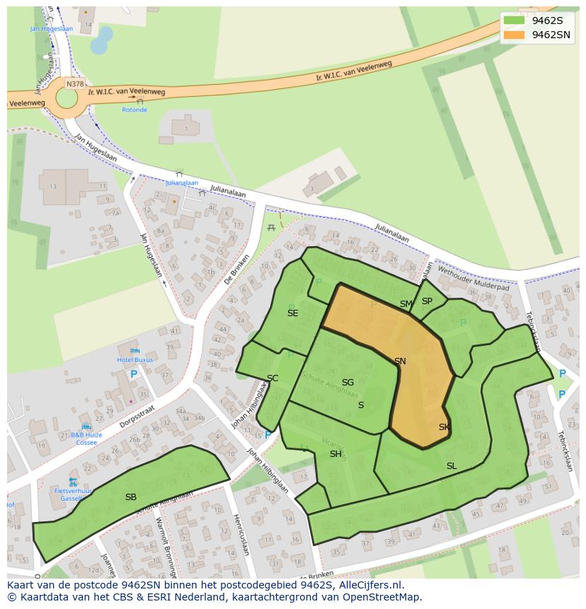 Afbeelding van het postcodegebied 9462 SN op de kaart.