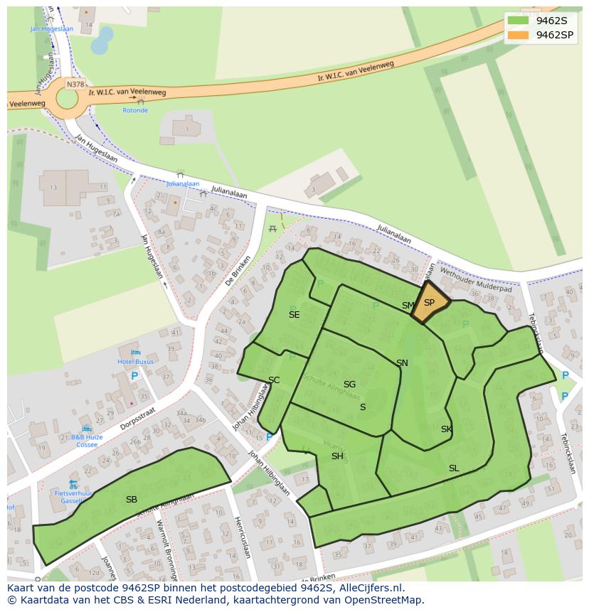 Afbeelding van het postcodegebied 9462 SP op de kaart.
