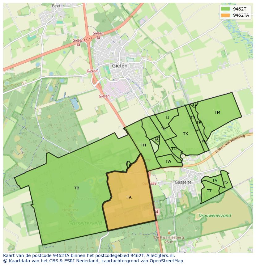 Afbeelding van het postcodegebied 9462 TA op de kaart.