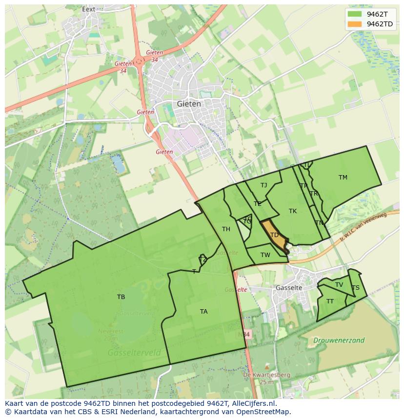 Afbeelding van het postcodegebied 9462 TD op de kaart.