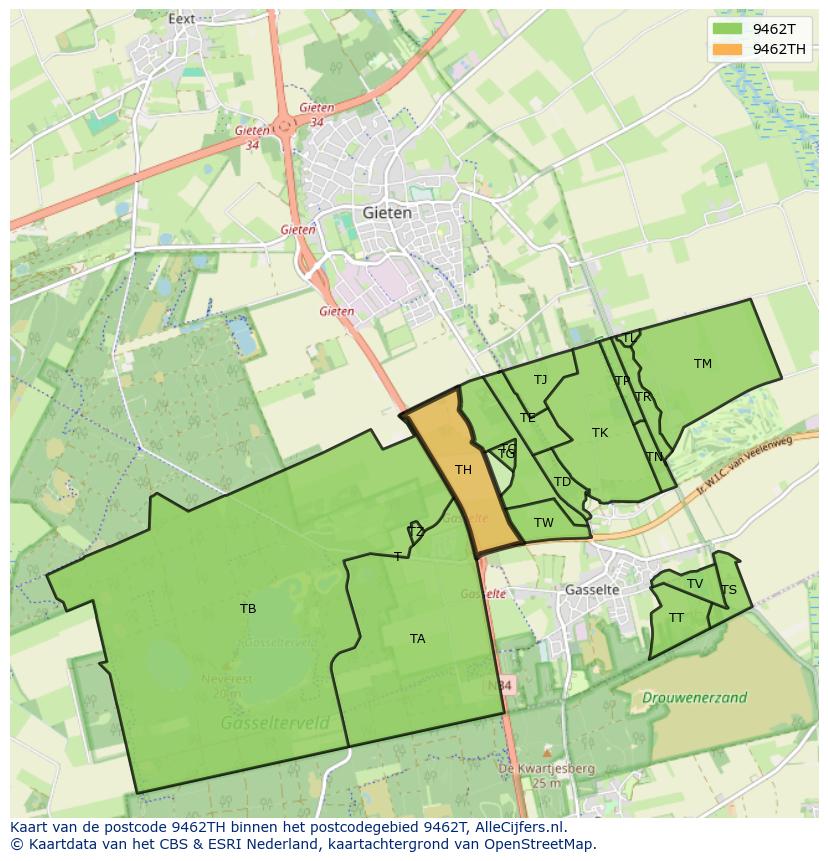 Afbeelding van het postcodegebied 9462 TH op de kaart.