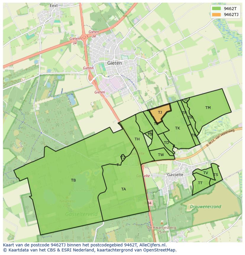 Afbeelding van het postcodegebied 9462 TJ op de kaart.