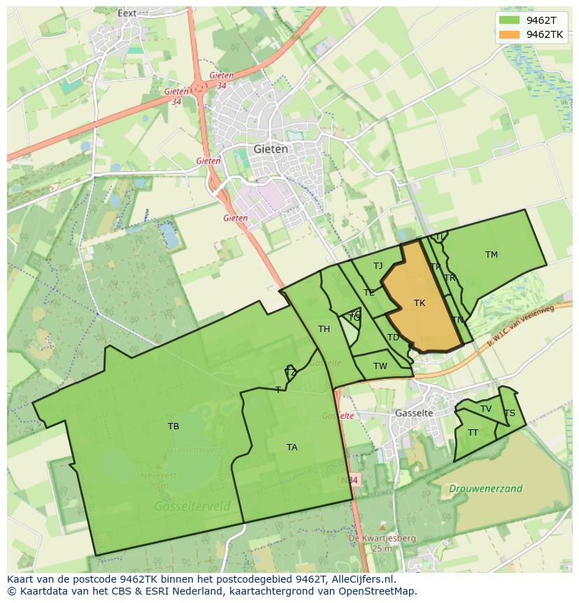 Afbeelding van het postcodegebied 9462 TK op de kaart.