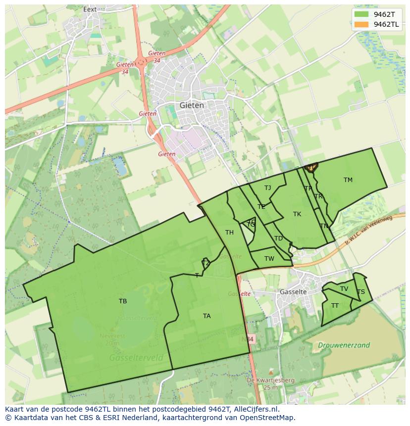 Afbeelding van het postcodegebied 9462 TL op de kaart.