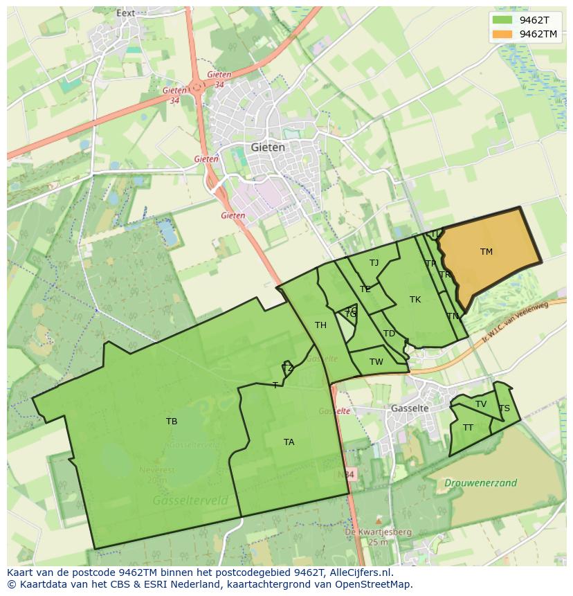 Afbeelding van het postcodegebied 9462 TM op de kaart.