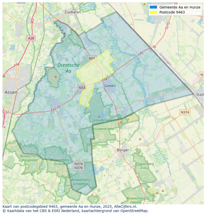 Afbeelding van het postcodegebied 9463 op de kaart.