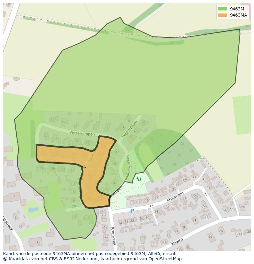Afbeelding van het postcodegebied 9463 MA op de kaart.