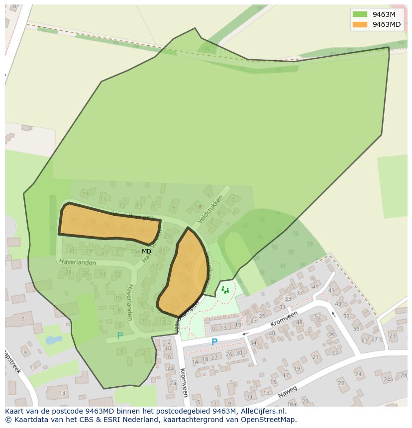 Afbeelding van het postcodegebied 9463 MD op de kaart.