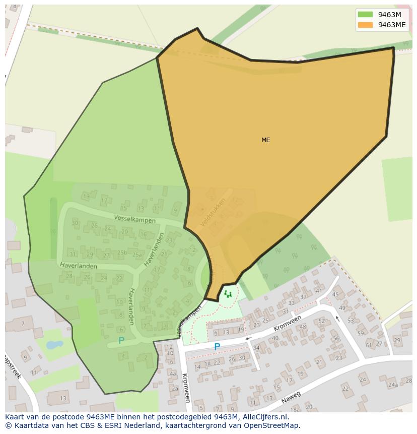 Afbeelding van het postcodegebied 9463 ME op de kaart.